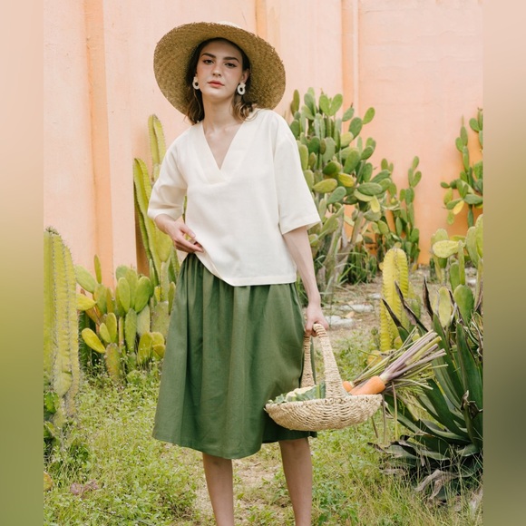 hannah canvas Dresses & Skirts - Hannah Canvas Linen Midi Skirt in Olive